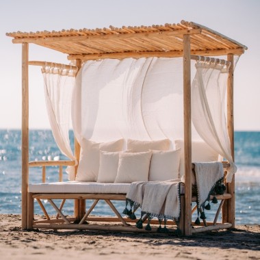 NIKKI Gazebo – Teak Wood with White Linen Canopy | Sezon Dekor