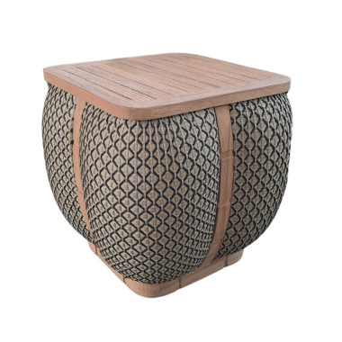 BIRILLO Side Table – Wood & Woven Decorative Base | Sezon Dekor
