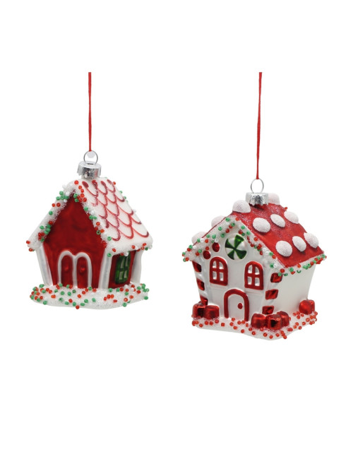GLASS RED/WHITE HOUSE HANGING ORNAMENT