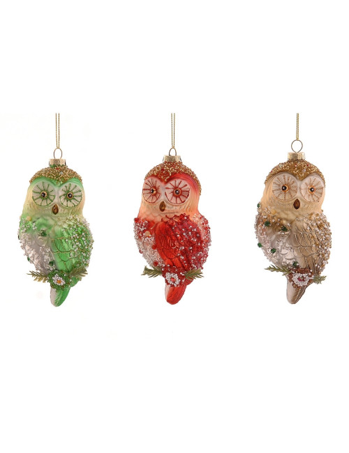 GLASS OWLL RED/GOLD/GREEN ORNAMENT