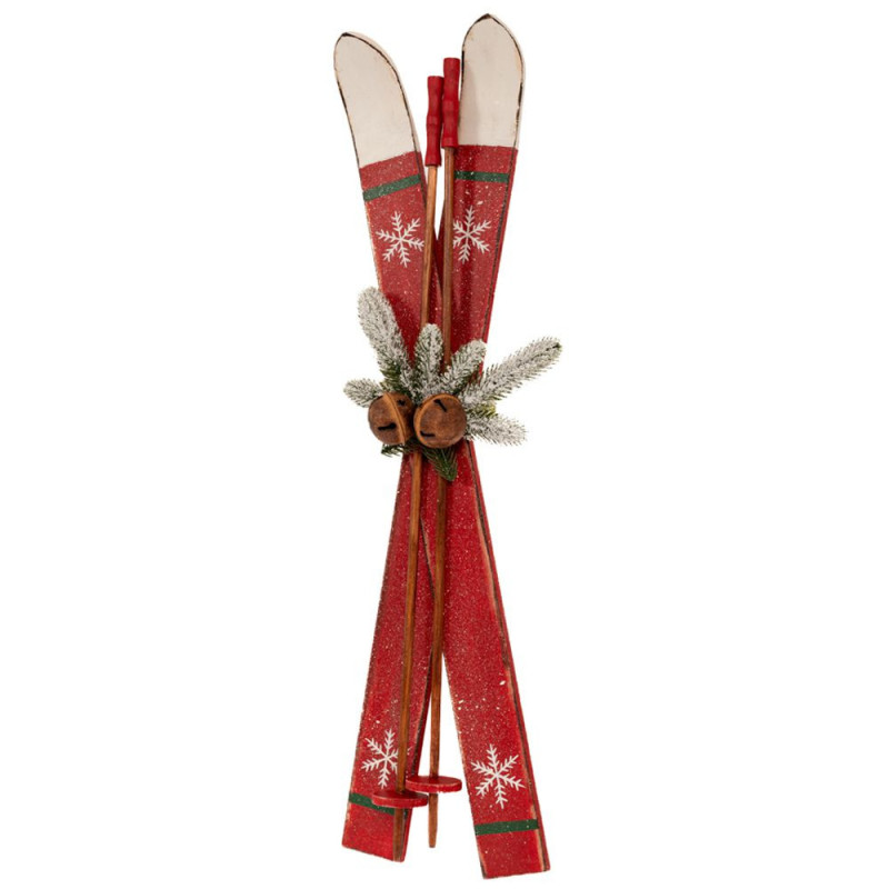 RED WOODEN ANTIQUE SKIS&POLES