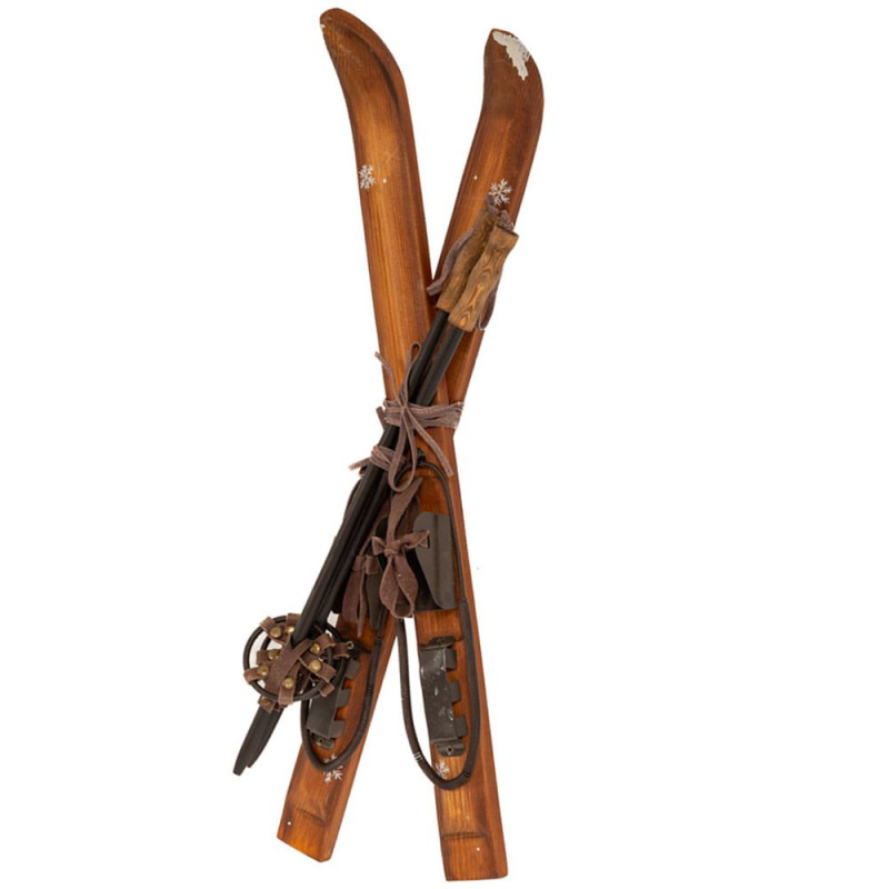 BROWN  WOODEN ANTIQUE SKIS&POLES