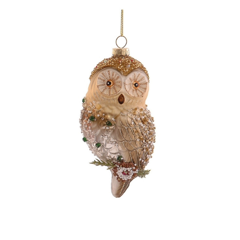 GLASS OWLL RED/GOLD/GREEN ORNAMENT