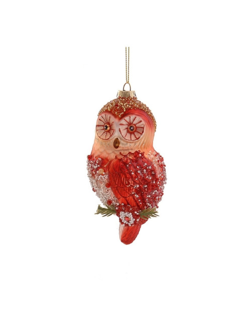 GLASS OWLL RED/GOLD/GREEN ORNAMENT