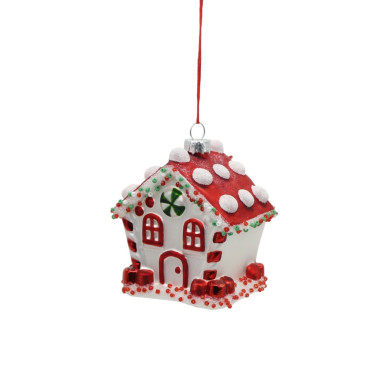 GLASS RED/WHITE HOUSE HANGING ORNAMENT
