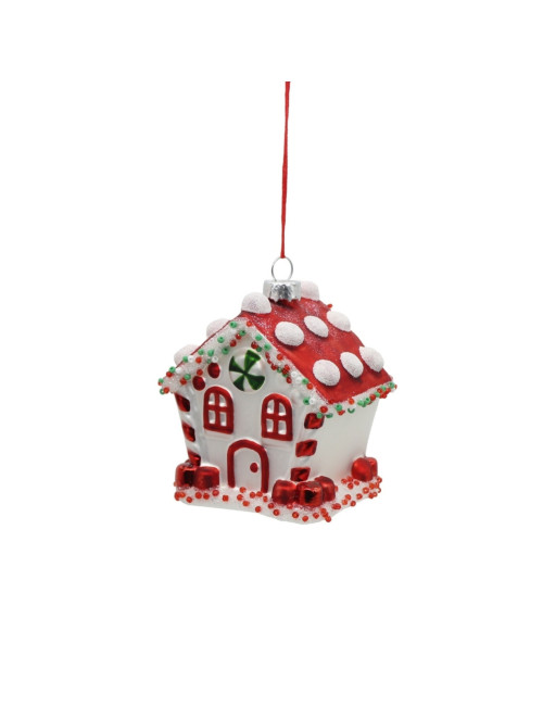 GLASS RED/WHITE HOUSE HANGING ORNAMENT