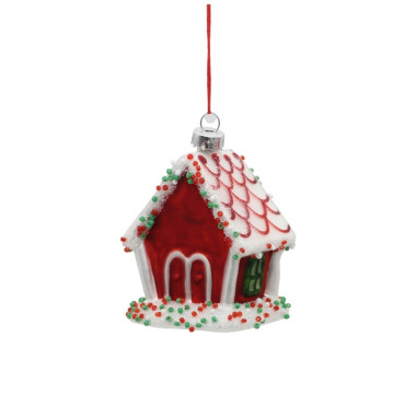 GLASS RED/WHITE HOUSE HANGING ORNAMENT