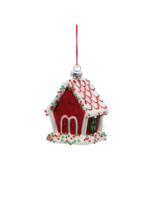 GLASS RED/WHITE HOUSE HANGING ORNAMENT