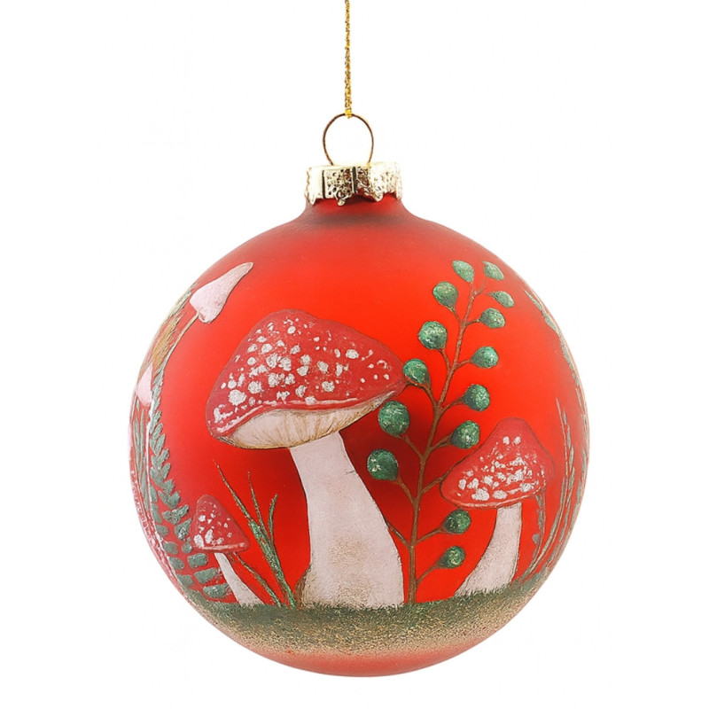 RED BALL WITH MUSHROOMS ORNAMENT