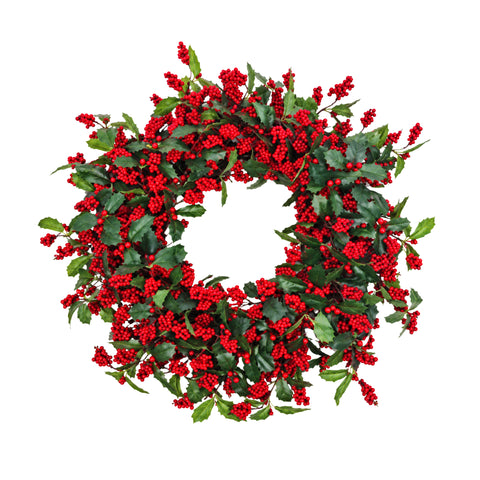 HOLLY LEAVES WITH MINI RED BERRY WREATH, D 71 CM